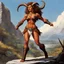 Placeholder: (art by Ray Harryhausen) female satyr, lean muscular build, sun-kissed skin, powerful goat-like legs, cloven hooves, chestnut curly hair, shoulder-length tangled locks, sharp amber eyes, jagged scar from collarbone to ribs, short polished horns, patchwork leather harness, bare midriff, predator's grace, swaying hips, dark humor in expression, unapologetic stance, predatory smirk, battle-worn but confident, fluid movement, her weapon in a scimitar, she stands in the pampa