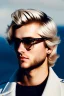 Placeholder: Young attractive male, blonde hair, slight beard, clear glasses, cinematic, depth of field, blue eyes, leather jacket, happy, fular