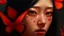 Placeholder: Extreme close-up portrait of a 27-year-old Asian woman with long black hair and red ribbon, a small orange butterfly resting on her eyelashes while she looks at the camera, highly detailed skin, soft dark background, realistic digital illustration style.