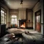 Placeholder: A eerie liminal space dreamy empty photo of a empty house with fire