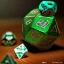 Placeholder: dice with runes on table with green cloth, fantasy book art