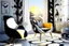 Placeholder: lifelike human feet pattern decorated wallpaper in the background and a penguin shaped and penguin coloured (black and white) armchair in a modern room in sunshine