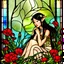 Placeholder: Stained Glass Art Nouveau art style A beautiful as a model asian woodland elf princess who looks like a young Lucy Liu seated on a throne surrounded by poppies and marijuana leaves in a mystical forest, photo-realistic