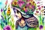 Placeholder: thankful praying owl girl in flowergarden in sunshine, watercolor and ink