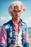 Placeholder: kind young sailor, man, white slightly curly hair, pirate shirt, pink and azure clothes, white floral pattern on jacket, flower in hair, my time at sandrock style