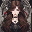 Placeholder: A portrait headshot of a confident looking young woman with pale skin and long brown hair in a dark fantasy setting with intricate details. She is wearing black and read leather, has red eyes, an air of malevolent power surrounds her. Anime style. High definition.