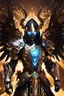 Placeholder: Full bodyMonster with Multiarms, hoodie, cover face, crystal sword, crystals arm, galaxy face, solo leveling shadow artstyle , high details, intricate details, highly detailed Man Angel cyborg straddle wings, using traditional armor,detailed, intricate,gears cogs cables wires circuits, gold silver chrome copper