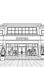 Placeholder: frontal view, black and white outline, exterior of two story shopping mall