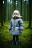 Placeholder: Petite fille, cheveux blond platine, énorme doudoune grise, dans la forêt, autochrome