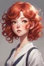 Placeholder: A short girl with thick short wavy red hair, narrow kind eyes with an enthusiastic look, full height, Wide oval face decorated with an upturned nose and small lips in the style of genshin impact
