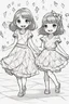 Placeholder: Little girls dancing in diamond-patterned dresses at a festive celebration. Use diamonds for their dresses, party decorations, and the dance floor.,very happy , Colloring page for todlliers ; basic hawali style cartoon , black and white , ink outlines , , smooth , anime style , minimalist , cute eyes , full body , white shose , sketchbook , realistic sketch , free lines , on paper , character sheet , clean line art high detailed