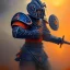 Placeholder: a fierce warrior in full navy blue and orange battle armor, with an S shaped shield, a highly detailed illustration, background of Inka jungle, realistic render, 8 k, micro detail, intricate, elegant, centered, digital painting, Artstation, smooth, sharp focus, illustration, artgerm, tomasz alen kopera, peter mohrbacher, donato giancola, joseph christian leyendecker, wlop, boris vallejo