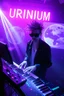 Placeholder: French cool synth player with crazy techno acid hair, he is called "Jean-Maurice Brûlée" performing at dance club, his name is "Jean-Maurice Brûlée" , white and purple Neon lights and purple smog, and "URINIUM" big sign on the wall, he is playing on synthesizers on stage with lot of laser beams and wearing black sunglasses, an earth is projected in background