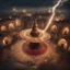 Placeholder: Hyper Realistic photographic-aerial-view Sufi Whirling with Golden & Maroon Islamic Sufi Rustic Grungy Background with thunderstorm at heavy rainy night outside an ancient Islamic architectural building showing dramatic & cinematic ambiance.