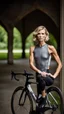 Placeholder: photography of a beautiful anorexic woman, grey satin triathlon top, sports illustrated, blond short wavy bob haircut, pronounced sternum, flat chest, anthracite cycling leggins