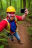 Placeholder: Red vested TF2 engineer with yellow hardhat taking a selfie at the forest