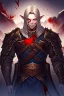 Placeholder: Armored Male Blood Knight Elf by manhwa or korean webtoon style there are lightning and blood spurts around the man, his face pointed at the camera, and with a serious look he lets his opponent know that it's his turn