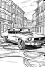 Placeholder: coloring page, car mustang alternative parked on the street, cartoon style, thick lines, few details, no shadows, no colors