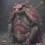 Placeholder: Ultra realistic rendering of turtle samurai, blood, guts, wildflower, intricate, darkred tones,