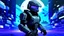 Placeholder: Crea una escena para fondo perfil de facebook que el personaje principal sea un Steve de Minecraft y a los lados odst del universo de halo, con una mezcla de colores de morado, azul, blanco