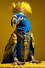 Placeholder: blue slim parrot dressed like an Persian Pharaohs gold rich with pyramid on a yellow back ground very detailed luxury king,