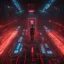 Placeholder: generate an evil giant ai hologram that looks similar to the bladerunner hologram, regime controlled by the ai, superior perspective, camera looking up, 8k , masterpiece, dark, evil, hologramm, ai, cables, red