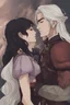 Placeholder: A couple from the dnd game curse of Strahd kissing. She has white hair he has long black hair. Romantic, sweet, loving, possessive, protective, kiss