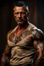 Placeholder: portrait of a 45 year old Handsome muscular mercenary with light bronze skin adorned with tattoos. photorealistic