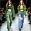 Placeholder: Women model catwalk wearing cargo jeans with patch jellow and green