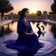 Placeholder: Hyper Realistic Photographic Close-Up-Face-Silhouette View Of A Beautiful Young Pashto Woman wearing navy-blue-embroidered-dress-with-purple-shawl happily-sitting on the surface of a fancy-water-fountain & a swan swimming on the surface of water at cloudy sunset showing dramatic & cinematic ambiance.