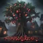 Placeholder: Hyper Realistic massive huge tree with pomegranate & mango fused fruits outside a haunted house at thick fogy night