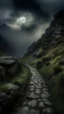 Placeholder: narrow stone path above the ground gradually getting higher into the clouds no railings, dangerous drop people in black leathers medievil period weather is wet spiraling into the clouds fantasy, a valley in mountains with a moon showing in the background human skuo on the sides of the trail