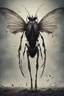 Placeholder: a haunting image of a humanlike insect facing away from us, in despair and pai, with wings that are broken torn and crumbling