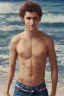 Placeholder: full body image of a beautiful 12 year old arabic boy with long, blonde curly hair and light blue eyes, smiling, shirtless, in front of a distant sea