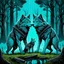 Placeholder: digital art two anthropomorphic wolves just in gray body hair carry together in their paws a heavy blackshmit anvil in a blue-green meadow, in the background dark trees with huge trunks, rainy day, high contrast, high detail, atmospheric, dark fantasy, sci-fi atmosphere, cinematic