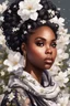 Placeholder: create an urban culture art image of a black curvy female looking to the side with a curly messy bun in a wrapped hair scarf. prominent make up with hazel eyes. 2k Highly detailed hair. Background of white clematis flowers surrounding her