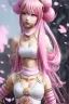 Placeholder: Detailed cute anime Kunoichi girl, pink hair buns, pink bangs, black latex bodysuit, intricate details, full body portrait, keep head in frame, slight smile, black Japanese motif, concept art, highly detailed, digital painting, concept art, sharp focus, illustration, art by Yoji Shinkawa, WLOP and greg rutkowski and alphonse mucha and artgerm and yanjun Chen and Junji ito and Makoto Shinkai, HDR, octane render