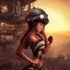 Placeholder: great illustrator, spanish, realistic rendering of a cute spanish girl kissing a robotig bird, beautiful, steampunk style. Helmet with tubes. Machinery in the background. robotic bird flying. High details. 4k. unreal engine, sunset