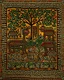 Placeholder: A brown savanna with leafy trees designed in Moroccan rug art painted by Keith Haring