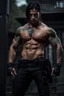 Placeholder: Handsome muscular alpha male, 30 years old, Dark eyes, Long brown hair, bare chest covered in tattoos and scars. wearing black combat trousers and heavy boots, hyperrealistic, 4k, dark fantasy, large house in the background