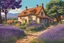 Placeholder: museum quality color woodcut landscape of a fanciful 1920's ramshackle French country cottage nestled amidst the lavender fields of Provence, on a blissful summer morning, in the style of Gustave Baumann, with a fine art aesthetic, highly detailed, finely cut ,8k render, soft early summer colors