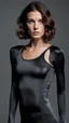 Placeholder: photography of a beautiful anorexic woman, anthracite satin triathlon top, sports illustrated, brunette short wavy bob haircut, pronounced sternum, flat chest, anthracite short leggins