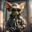 Placeholder: airbrush with pen outline, cool pimp gremlin leaning against a wall wearing driver gloves, wearing flip down sun glasses, in the style of a fallout 4,bokeh like f/0.8, tilt-shift lens 8k, high detail, smooth render, down-light, unreal engine, prize winning