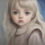 Placeholder: Sad Little girl in the style of Margaret Keane, huge blue eyes, hiny oil painting