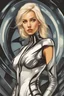 Placeholder: a blonde woman in futuristic dress, graphic novel style, make oil painting