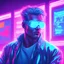 Placeholder: Vaporwave vintage digital painting neon-lit artwork cyberpunk cyborg man character with neon implants