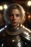 Placeholder: portrait of a beautiful female young paladin, messy short curly ashen hair, pale grey eyes, pale skin, dressed in an ornamented light plate armor, wearing a hood and a silver circlet, confident, evil, unholy symbol, standing in a tavern, realistic, dim torch lighting, sexy, cinematic lighting, highly detailed face, very high resolution, looking at the camera, centered