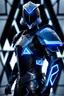 Placeholder: neon blue, flying parts of armor in form of triangles, cyber armor, geometric patterns on armor, male, orbiting triangle