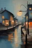 Placeholder: oil painting art with japanese scandinavian style of abstract view , blue hour, sfumato , pontillism, 4K quality, no frames, canvas