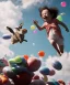 Placeholder: Ultra realistic speed clouds sky scene, wide angle view, child falling down with many Children background, rabbit head, inflatable monsters, circus dress style, feather color, free jumping flying, many trinkets, hair monster, many jelly beans, balls, color smoke, smile, happy, extreme, wind, clouds sea, 20,000 feet altitude, stratosphere, soft color, highly detailed, unreal engine 5, ray tracing, RTX, lumen lighting, ultra detail, volumetric lighting, 3d, finely drawn, high definition.